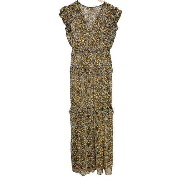 NWT ba&sh Samanta Ruffled Leaf Print Georgette Maxi Dress in Carbone - Picture 7 of 16